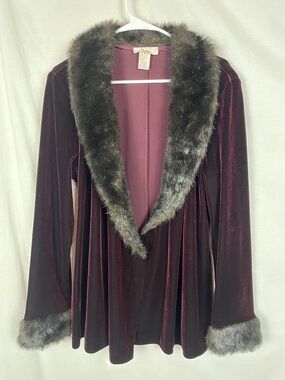 Vintage Patra Dark Red Maroon Velvet Whimsygoth Blazer Blouse with Faux Fur